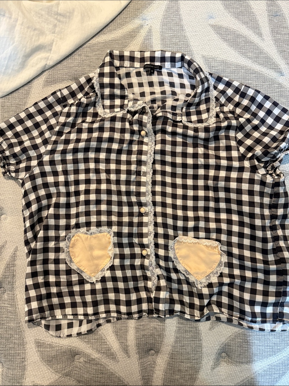 Morgan Lane Black & White Gingham Heart Pocket ButtonFront Top (I have Bottoms)